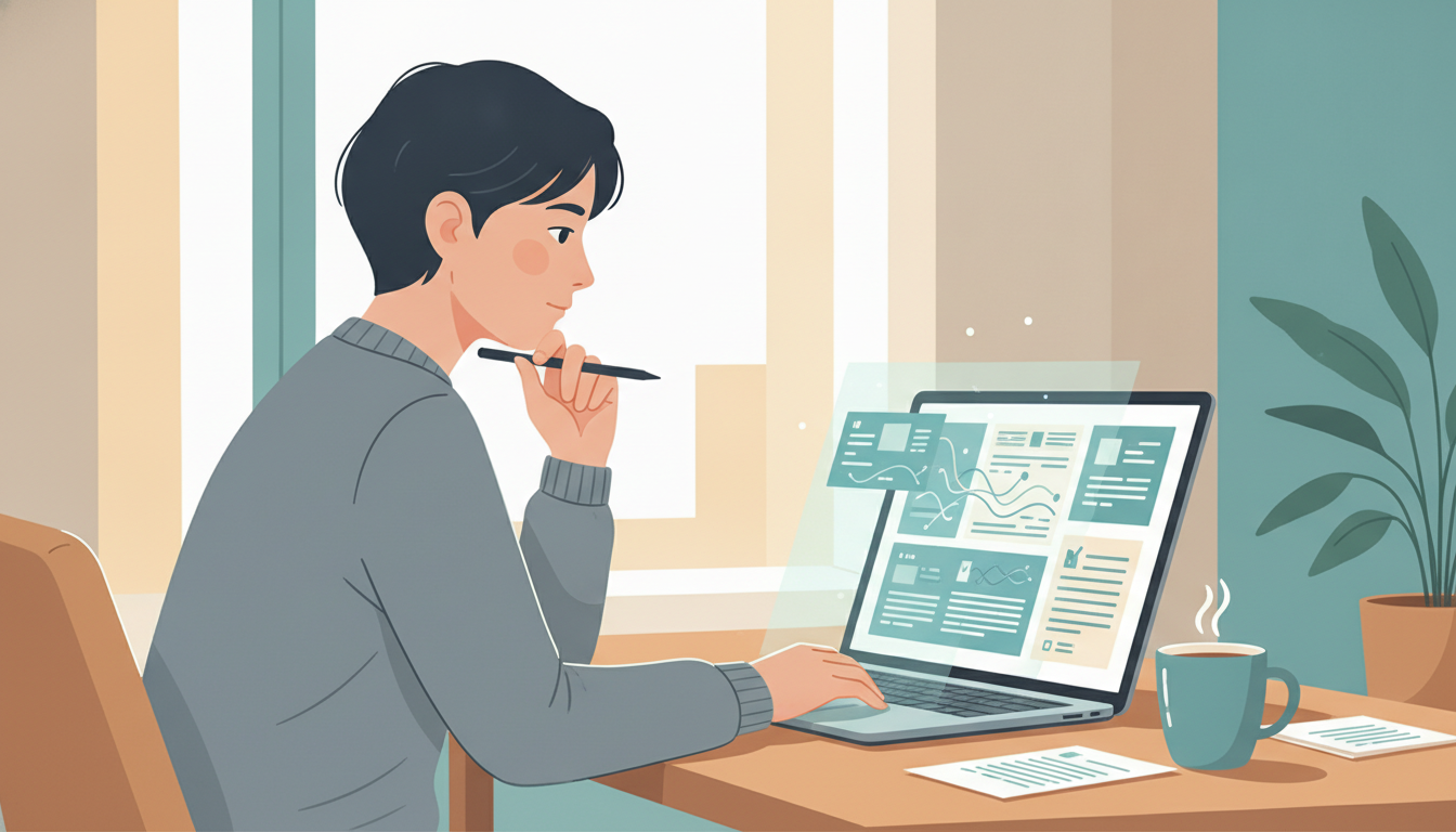 A person sitting at a desk, looking thoughtfully at a laptop screen displaying various contract templates. The screen sh