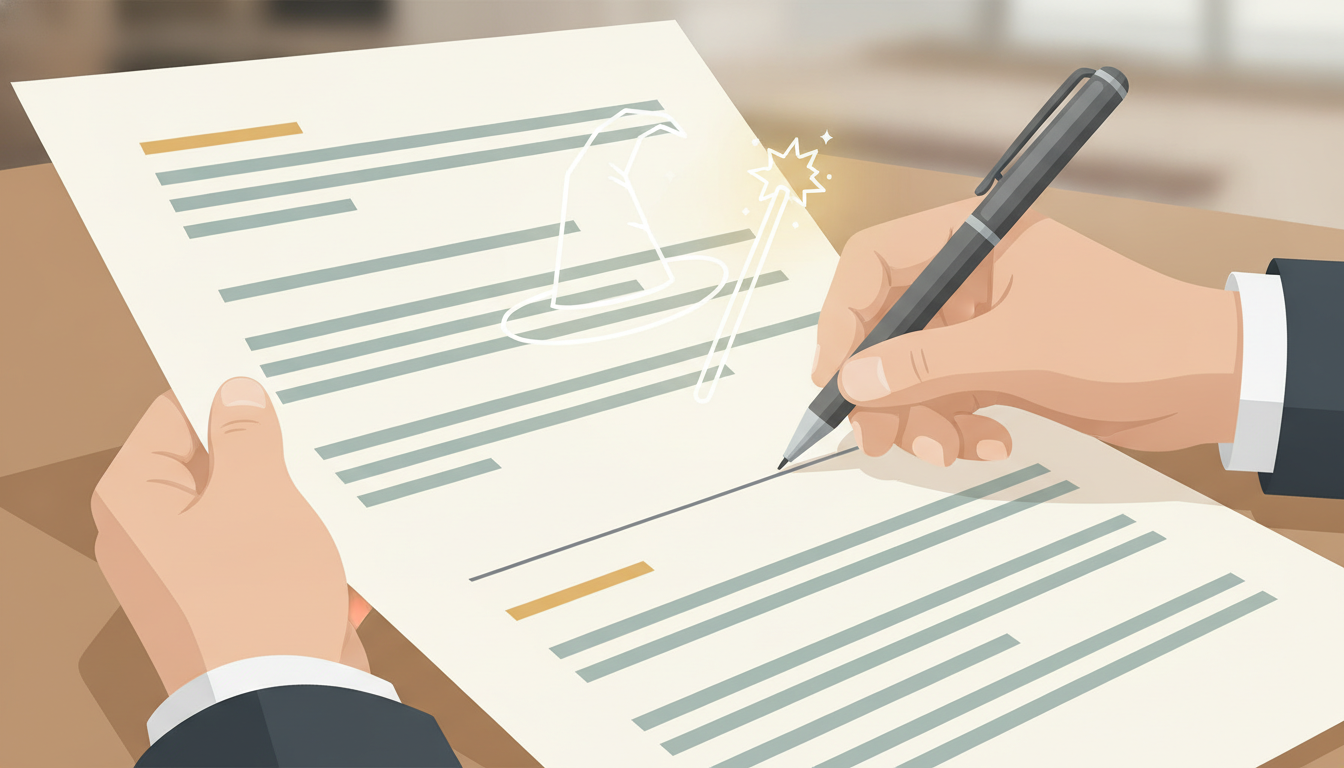 Two hands signing a legal document with a pen, with a clear focus on the signature lines and an open contract.