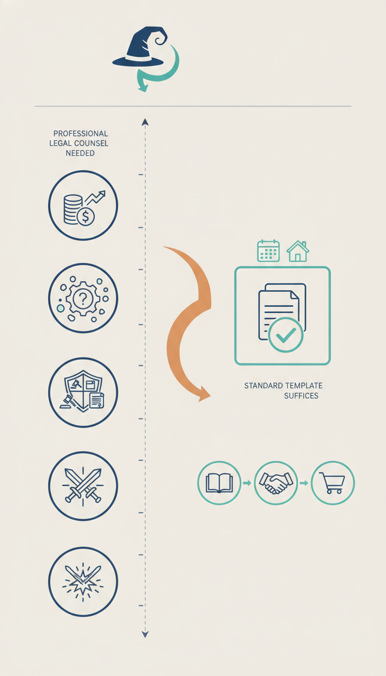 an infographic-style visual summary comparing when a contract needs professional legal counsel versus when a standard te