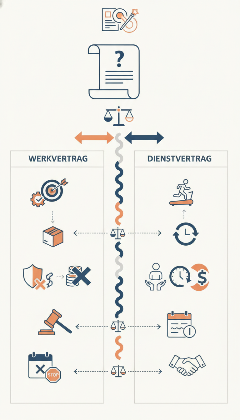 a detailed infographic comparing Werkvertrag and Dienstvertrag, highlighting key differences in success-oriented vs. act